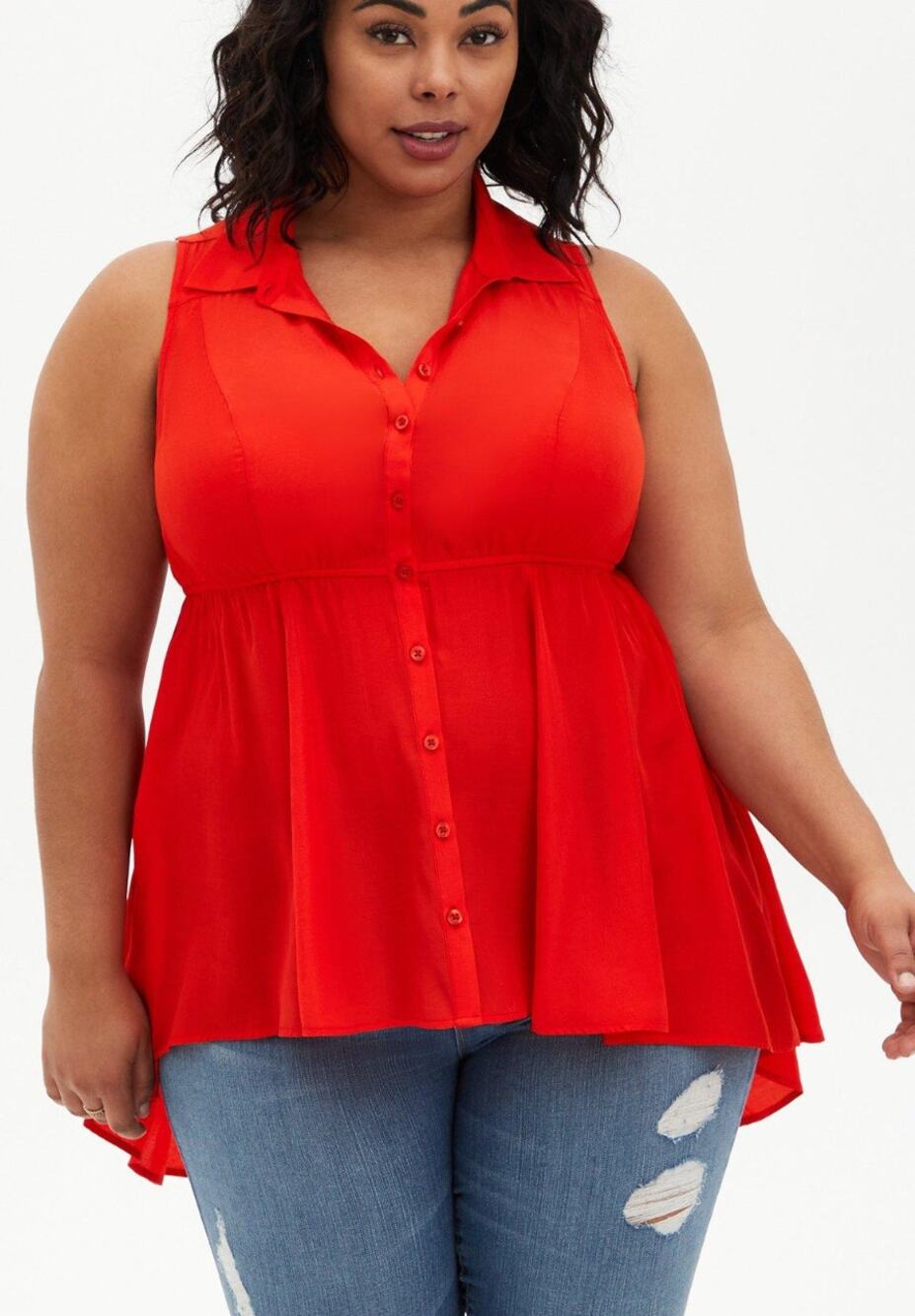 Torrid Solid Orange Red Babydoll Poplin Button-Front Shirt